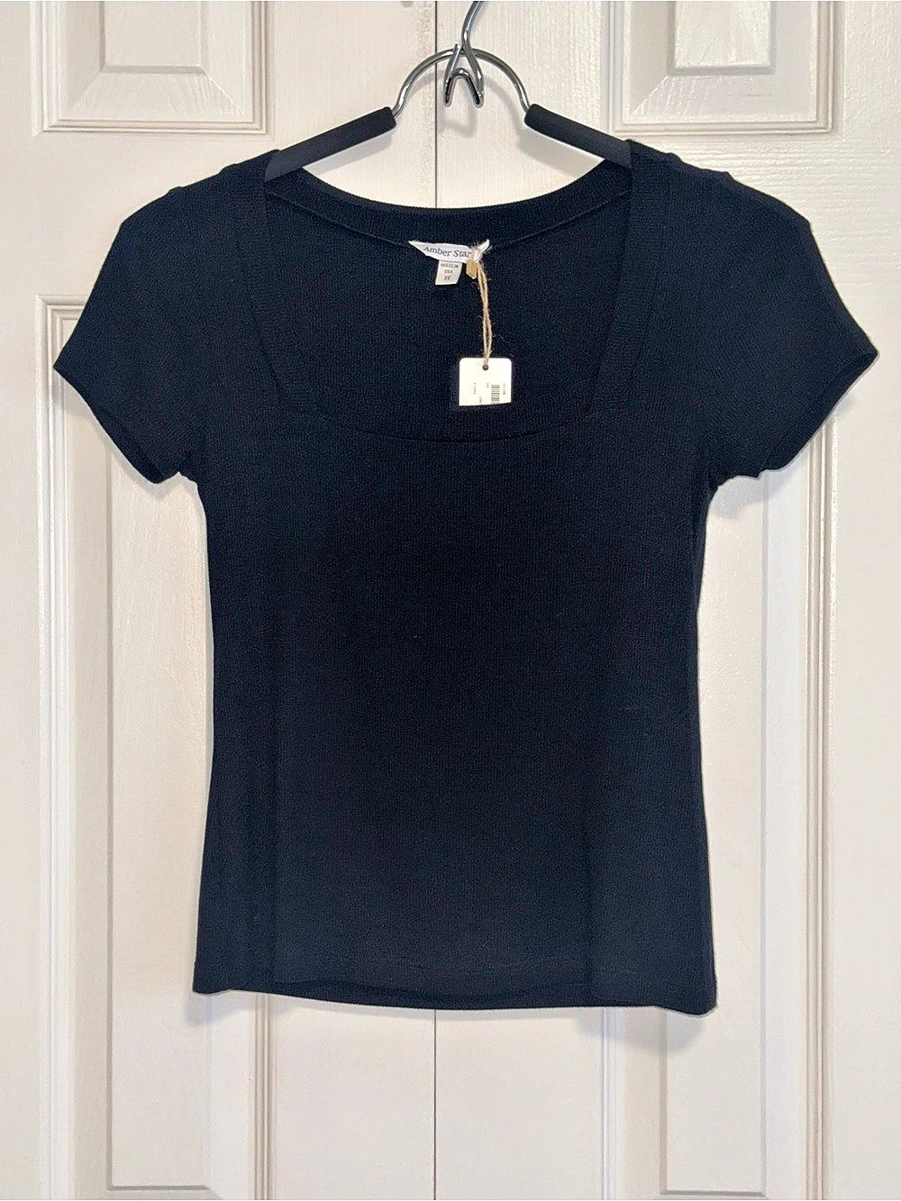 Amber Star Mindy T Shirt Ribbed Short Sleeve Top in Black XS NWT